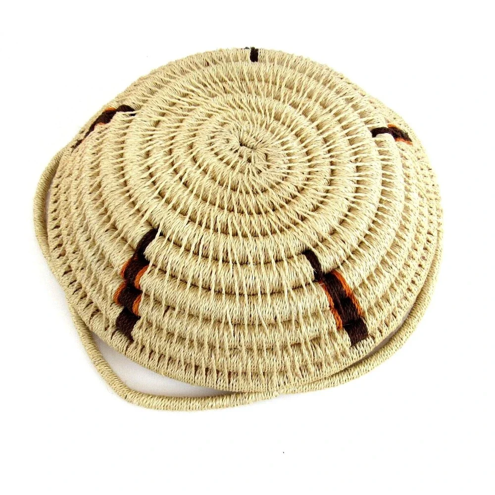 Hand Woven Coiled Basket with Handles Maroon Orange Zigzag Boho Tribal Decor